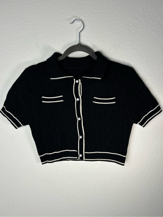 Cider Tops - Cider Black Cropped Knit Polo with White Trim